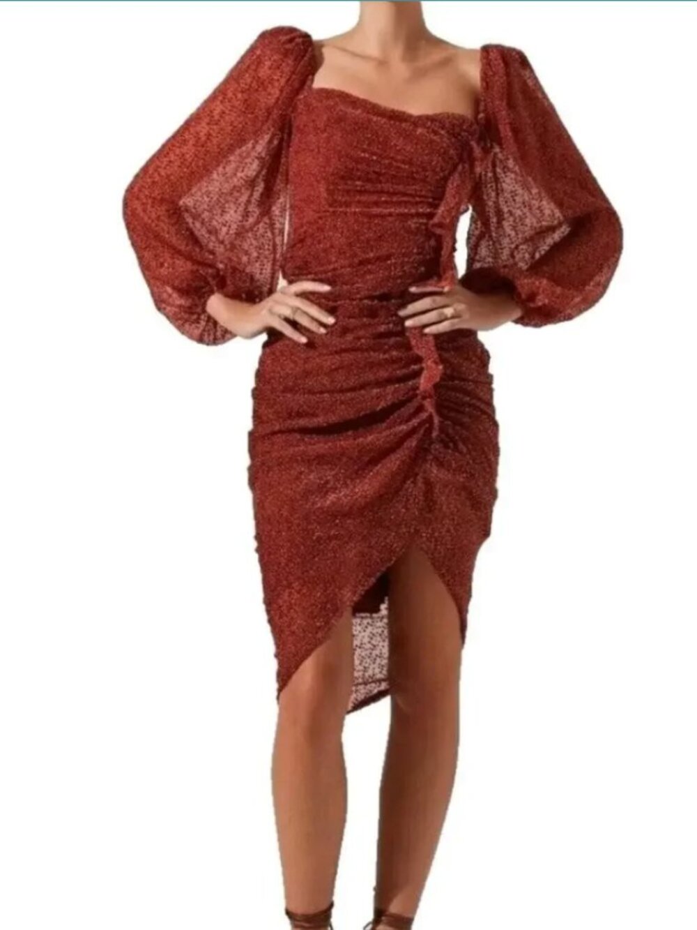ASTR The Label Athens Rust Textured Ruffled Puff Sleeve Midi Dress | SZ Small